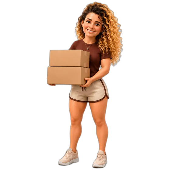 Mascote da Vanessa carregando caixas de produtos da VK Store